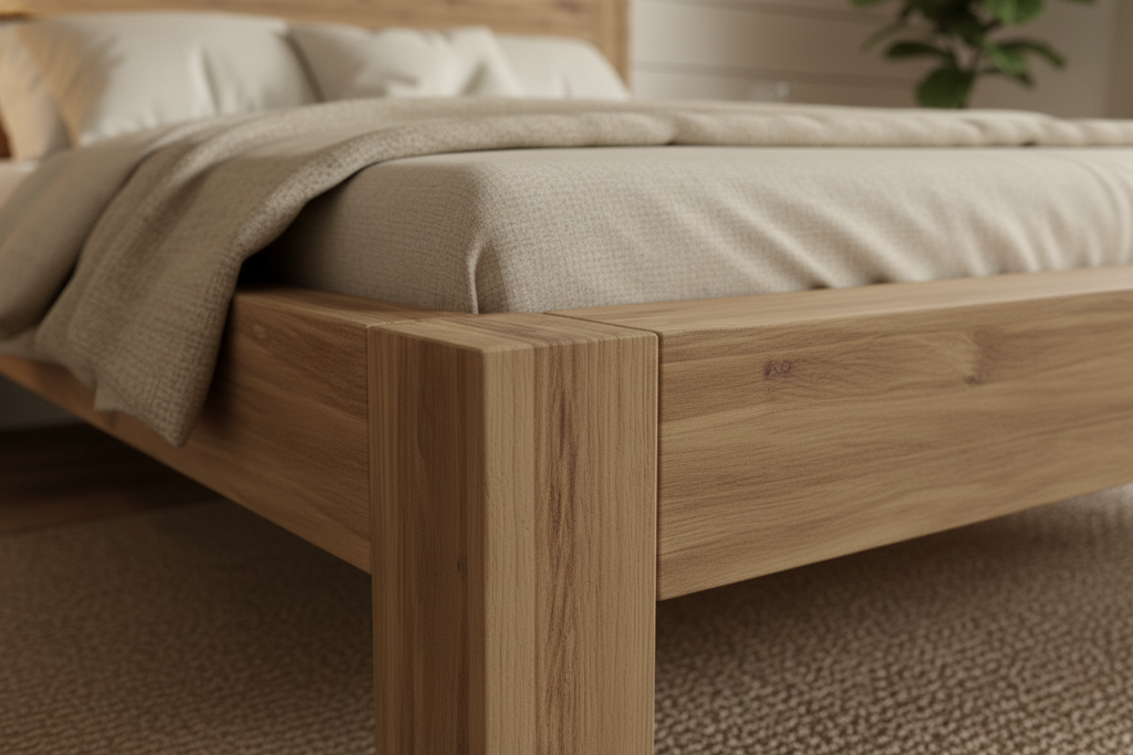 Detalje af massiv eg seng BONA med naturligt egetræ