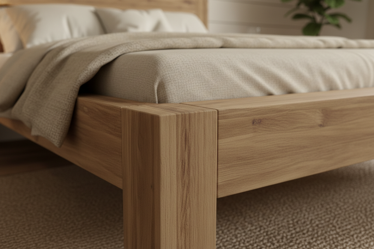 Detalje af massiv eg seng BONA med naturligt egetræ