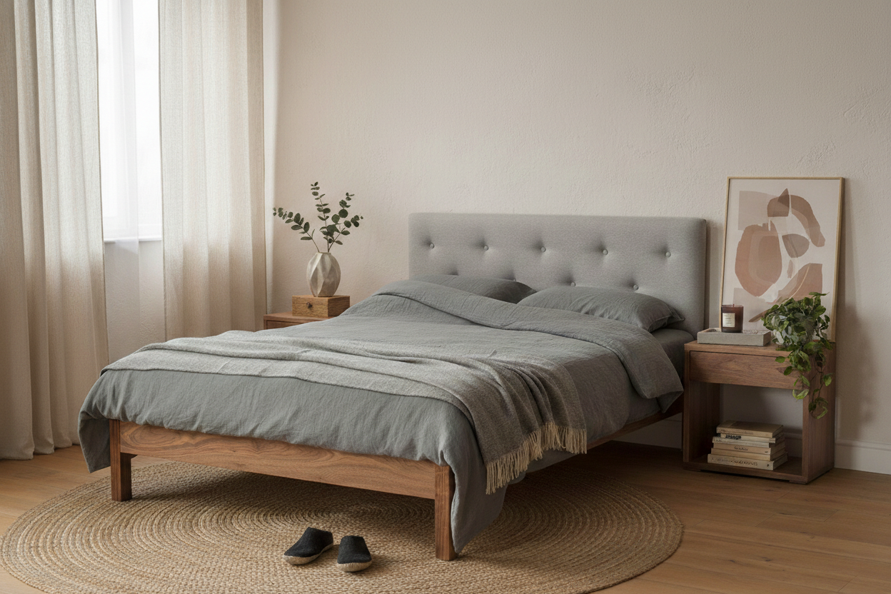 Minimalistisk seng i egetræ KARMEN med skandinavisk design
