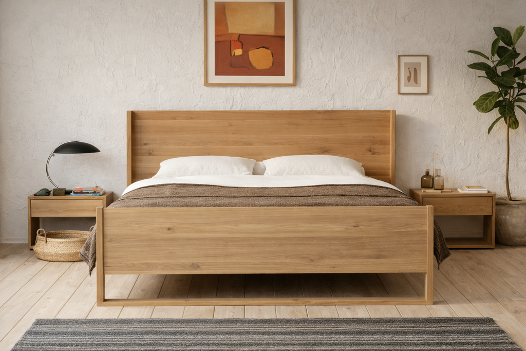 Massiv eg seng MARI i skandinavisk minimalistisk design